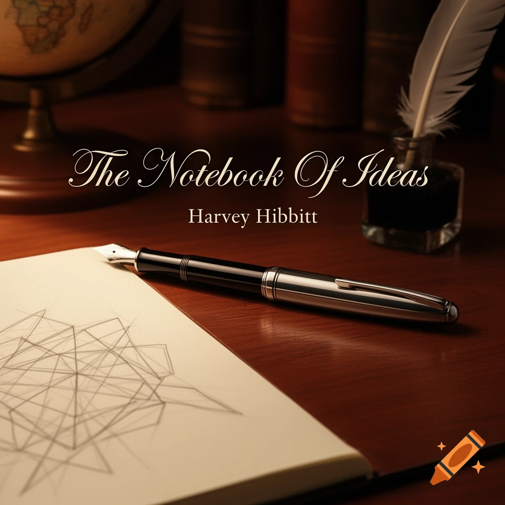 A dark, moody still life depicting a desk with an open notebook, a fountain pen, an inkwell with a quill, and a globe in the background. The text 'The Notebook Of Ideas' and 'Harvey Hibbitt' is centered above the pen.