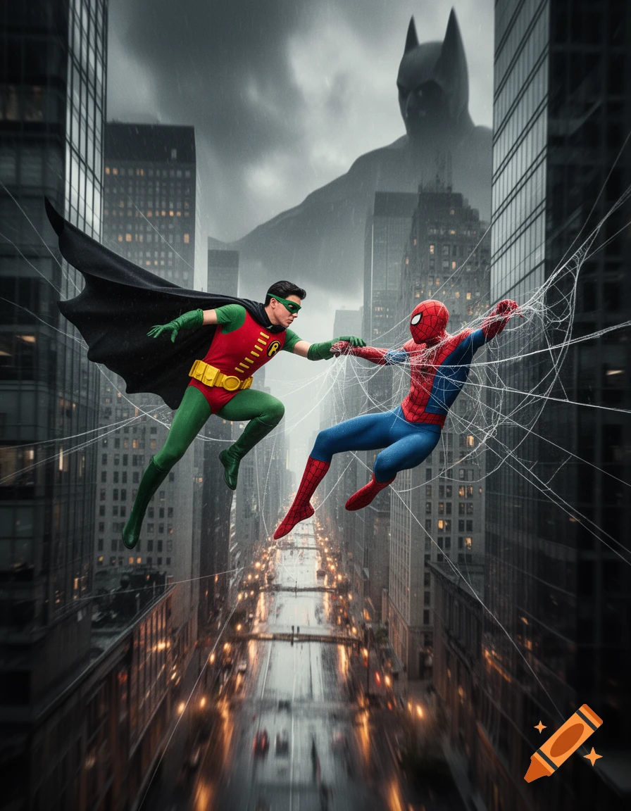 Robin and Spider-Man grapple with webs over a rain-slicked city street, under a stormy sky featuring a large Batman silhouette.