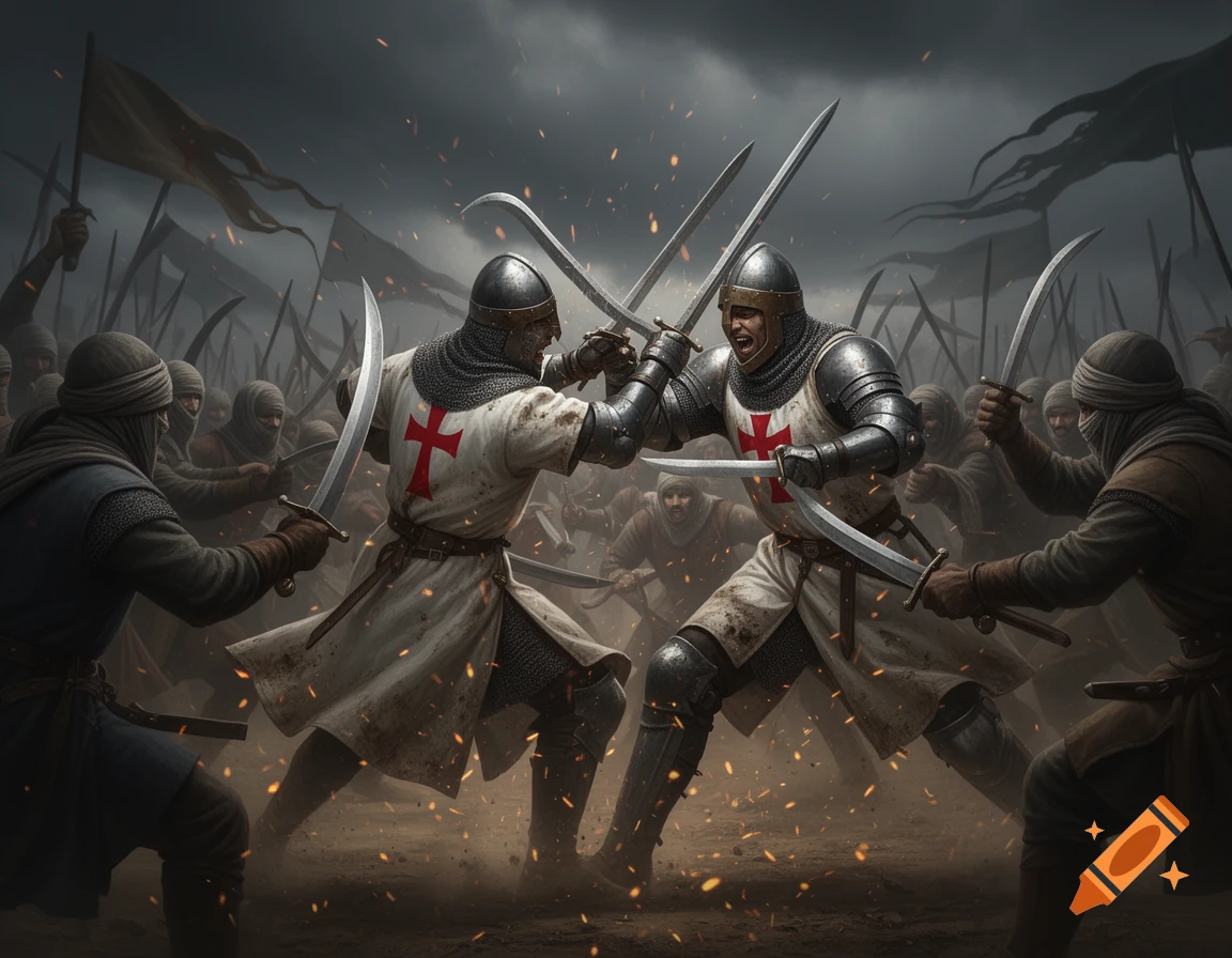 Hyper-realistic digital illustration of Templar Knights and Saracen warriors clashing swords on a dusty battlefield under a stormy sky.