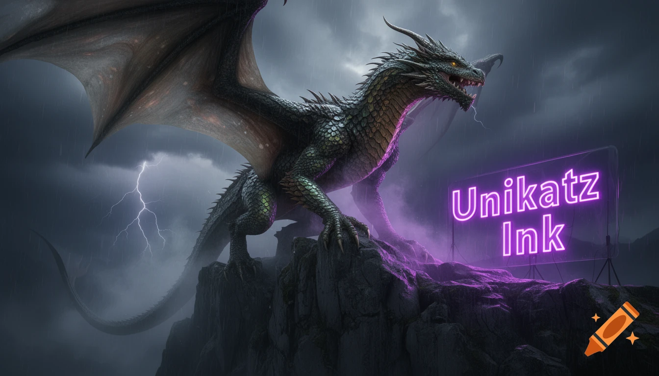 A large green dragon stands on rocks under a stormy sky with lightning and rain, next to a glowing purple neon sign that says Unikatz Ink.