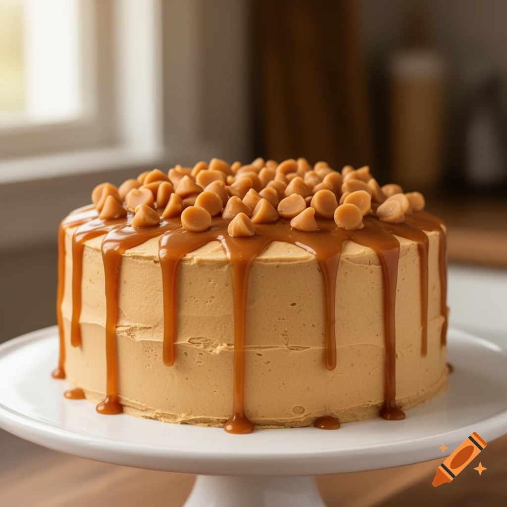 Butterscotch cake with caramel drizzle and butterscotch chips on a white cake stand.