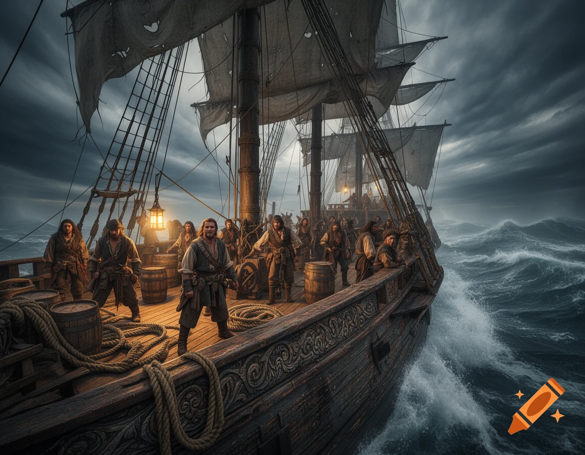 Photorealistic pirate ship with a crew on rough seas under a dark, stormy sky.