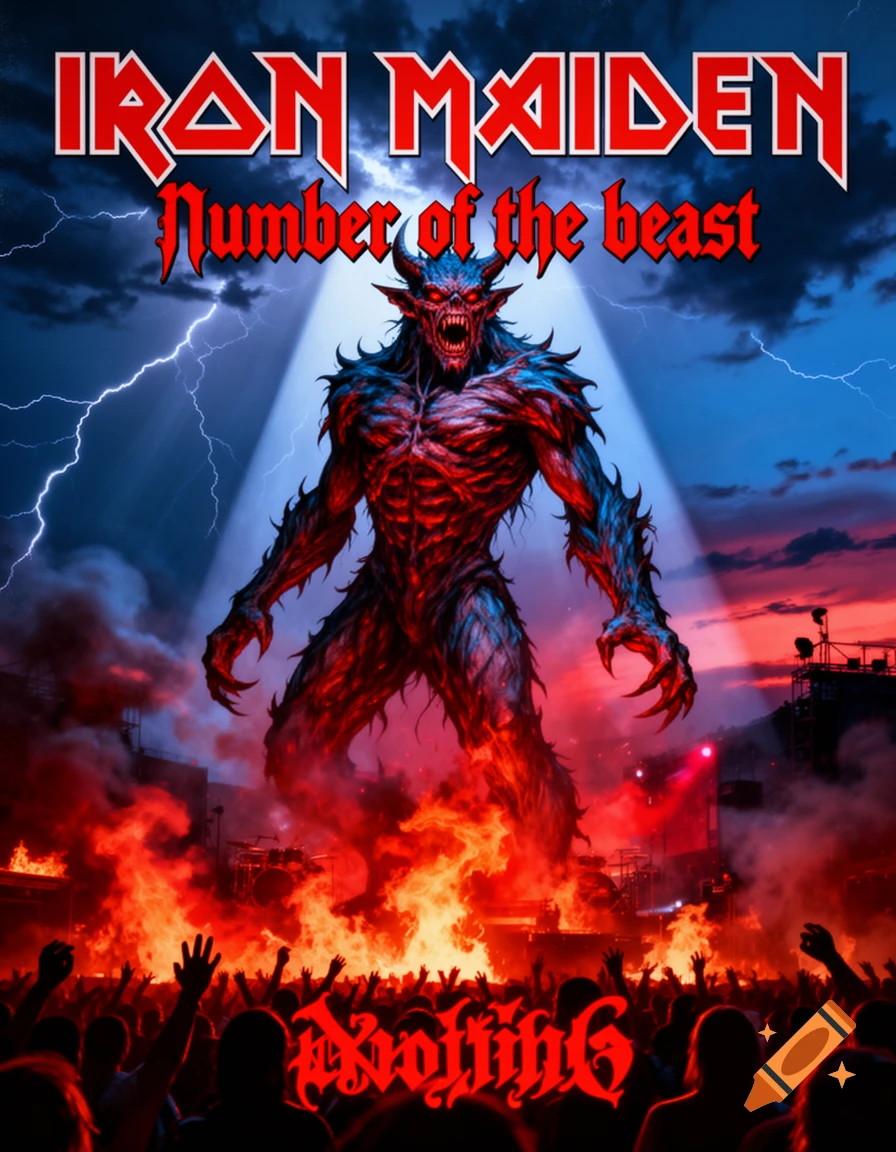 A poster for Iron Maiden's 'Number of the Beast' album, featuring a horned demon amid fire and a crowd of concert-goers, with lightning in the sky.