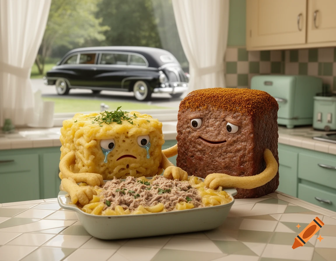 A crying tuna casserole being comforted by a meatloaf in a mid-century kitchen, with a hearse visible outside the window.