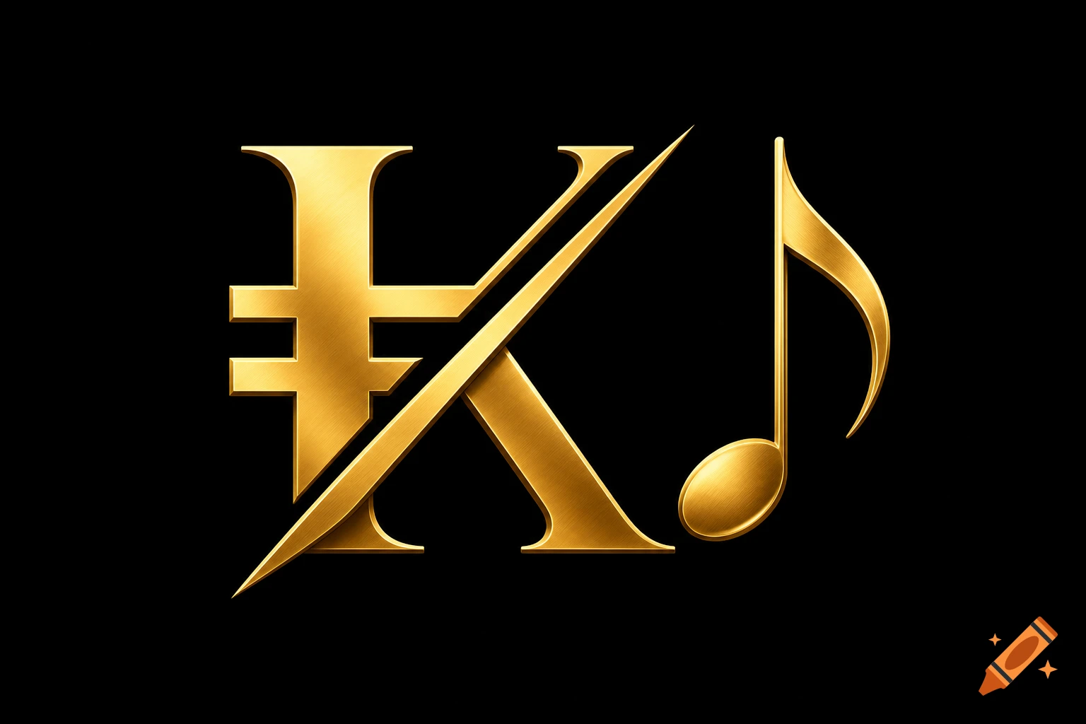 A stylized golden capital letter K with a diagonal slash through it, next to a golden musical note, all on a black background.
