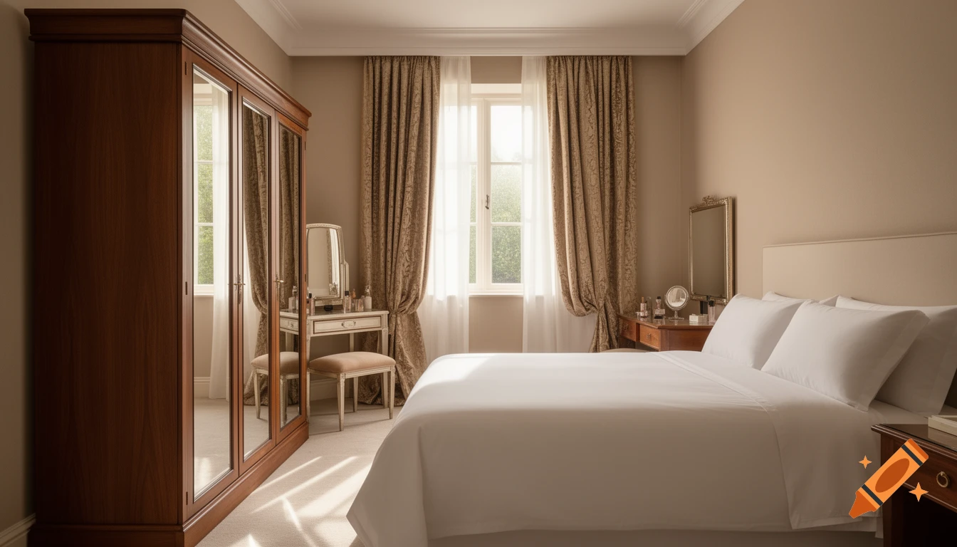 Photorealistic image of a spacious, well-furnished bedroom with a bed, mirrored wardrobe, window with curtains, and dressing tables.
