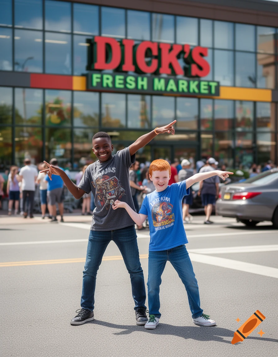 Two smiling boys, one Black and one White with red hair, stand on a street pointing their arms outward in front of Dick's Fresh Market.