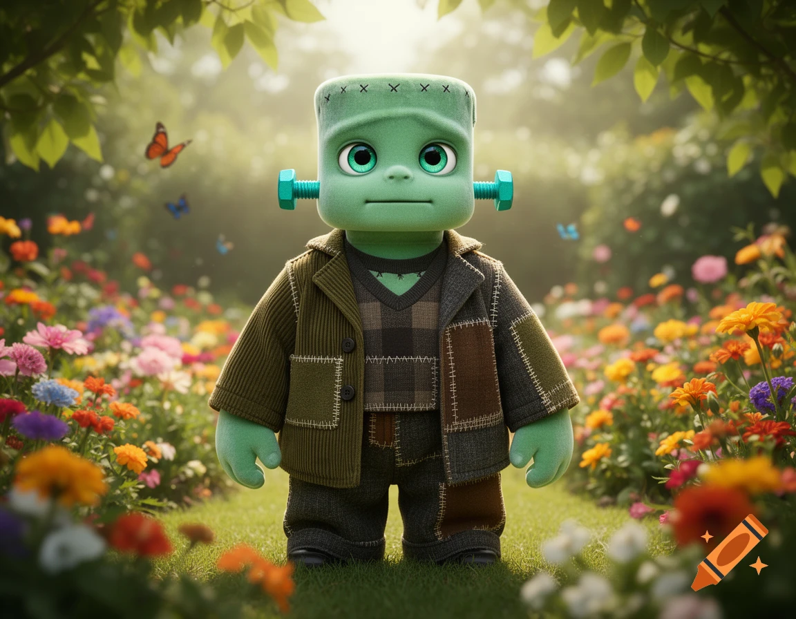 A cute, cartoon Frankenstein monster in a patched coat stands in a colorful flower field with butterflies.