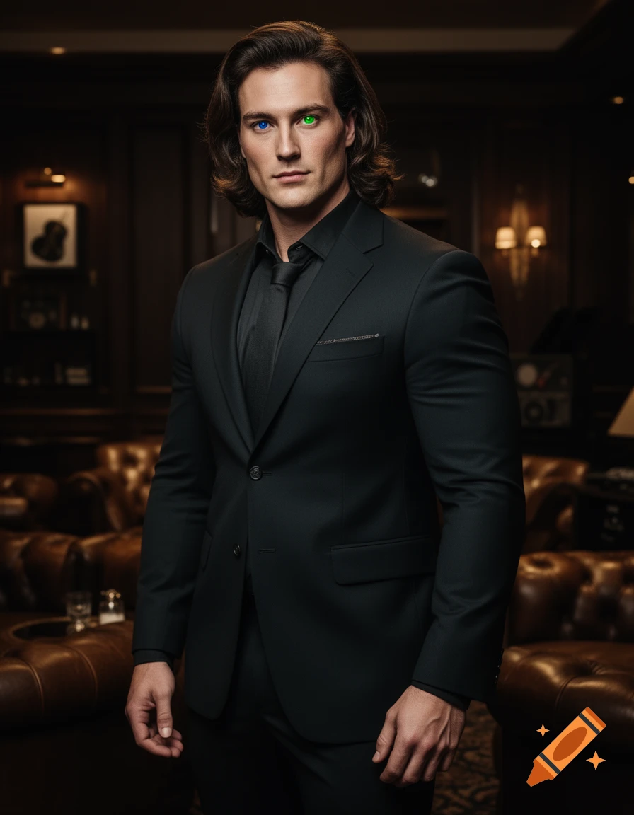 Photorealistic portrait of a man with long dark wavy hair, one blue eye and one green eye, wearing a dark suit in a dimly lit lounge.