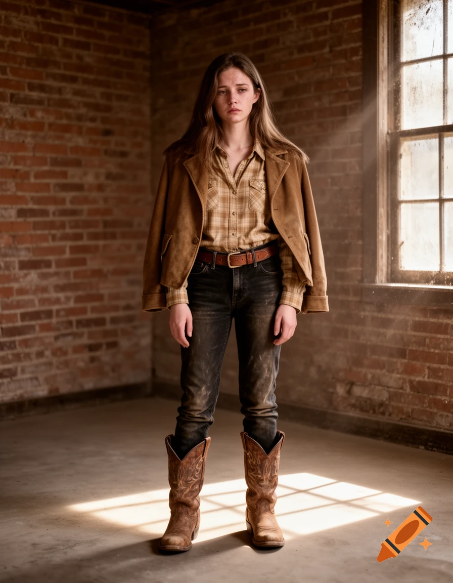 A tired young woman in western attire stands in a sunlit brick room, wearing a plaid shirt, brown jacket, dark jeans, and cowboy boots.