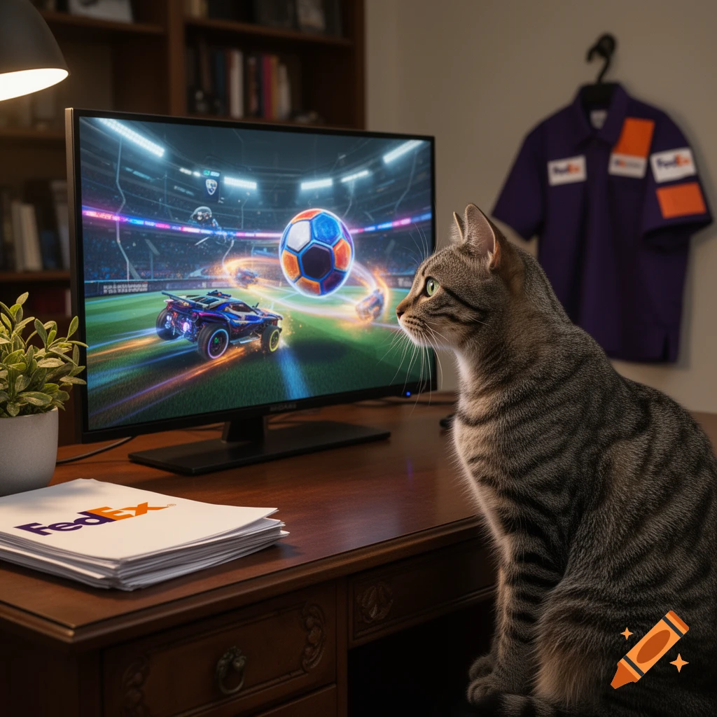 A tabby cat sits on a wooden desk, looking at a computer monitor displaying a Rocket League game. FedEx papers and a uniform are visible.
