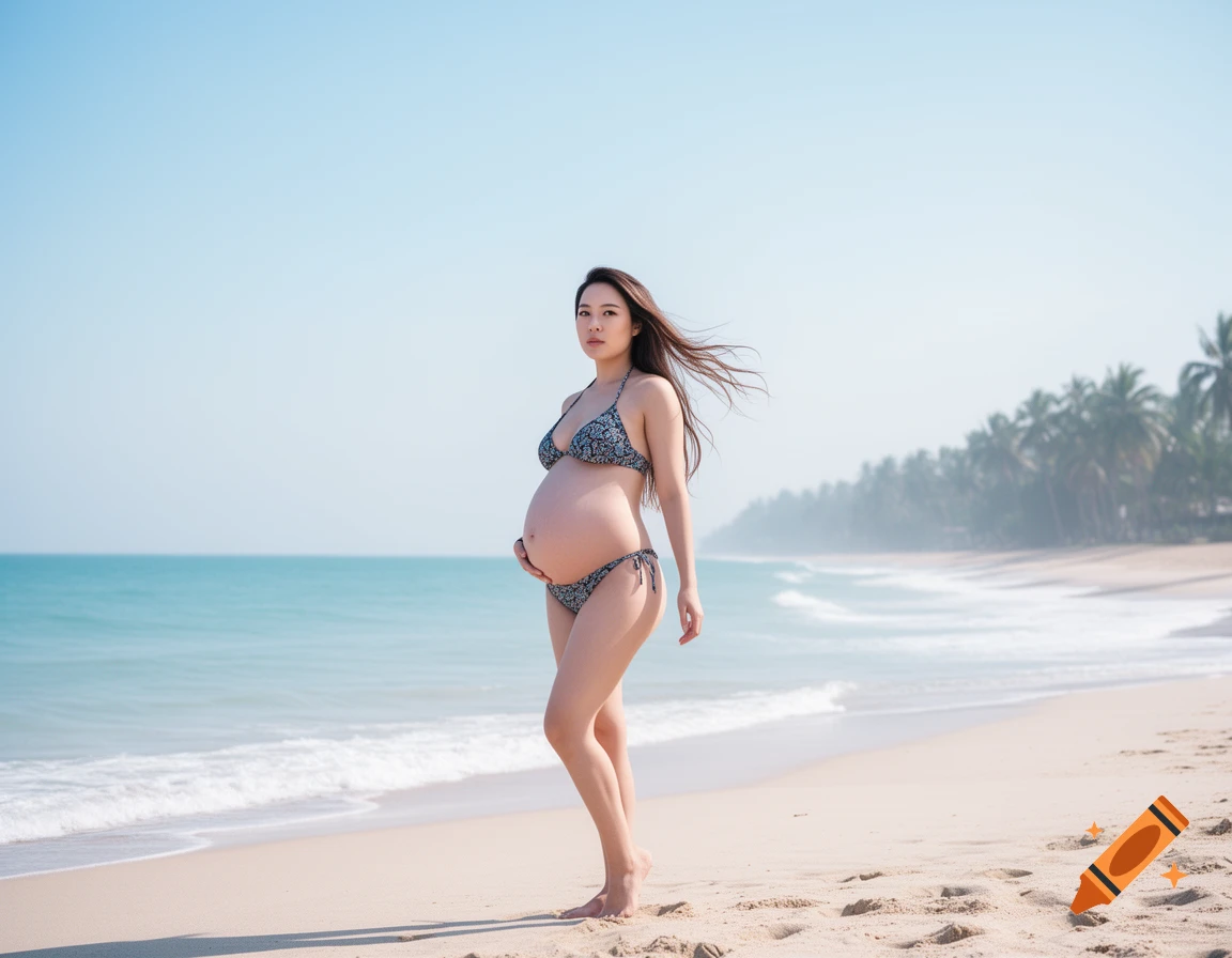 Photorealistic portrait of a pregnant Asian woman in a bikini on a sunny beach, holding her belly.