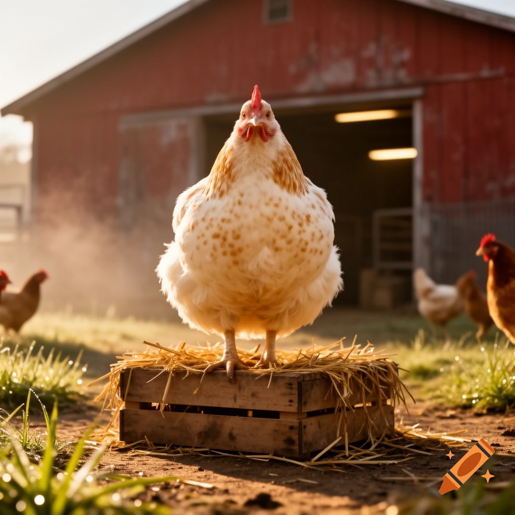 A plump white and brown chicken stands on a hay-covered wooden crate in front of a red barn at sunrise, with other chickens and mist in the background.