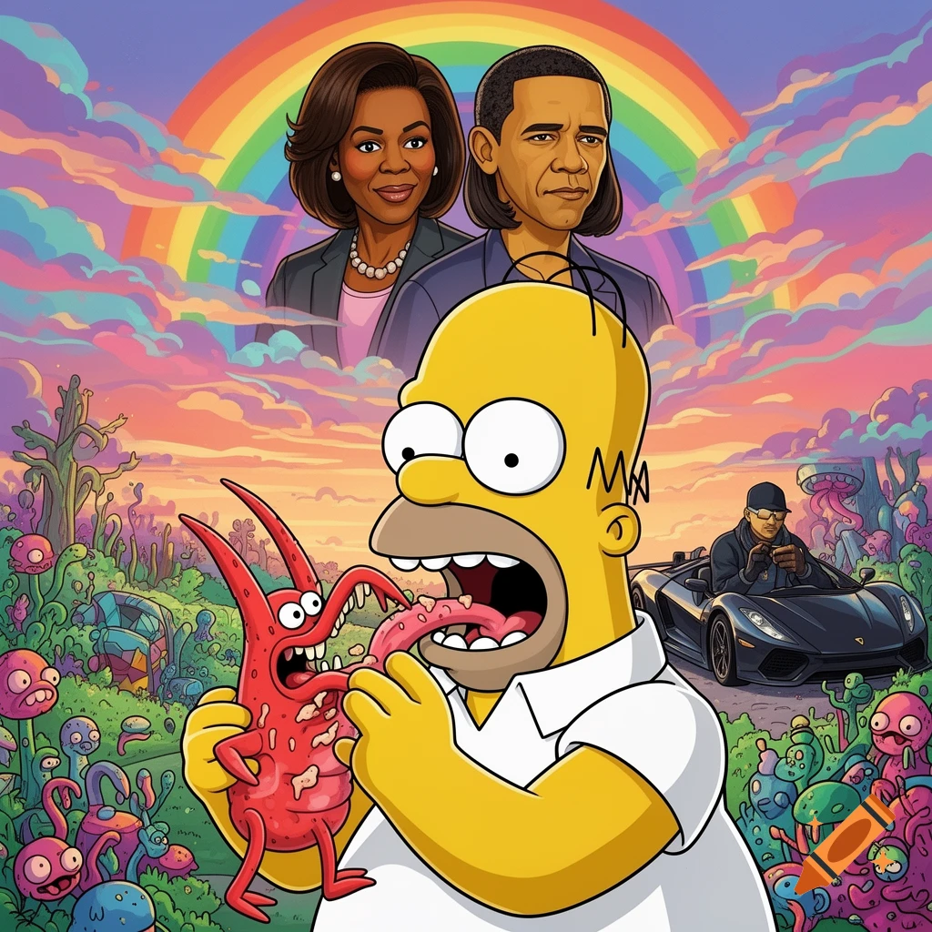 A psychedelic cartoon scene with Homer Simpson eating a red alien, Eminem driving a sports car in the background, and Michelle and Barack Obama fused in the rainbow sky.