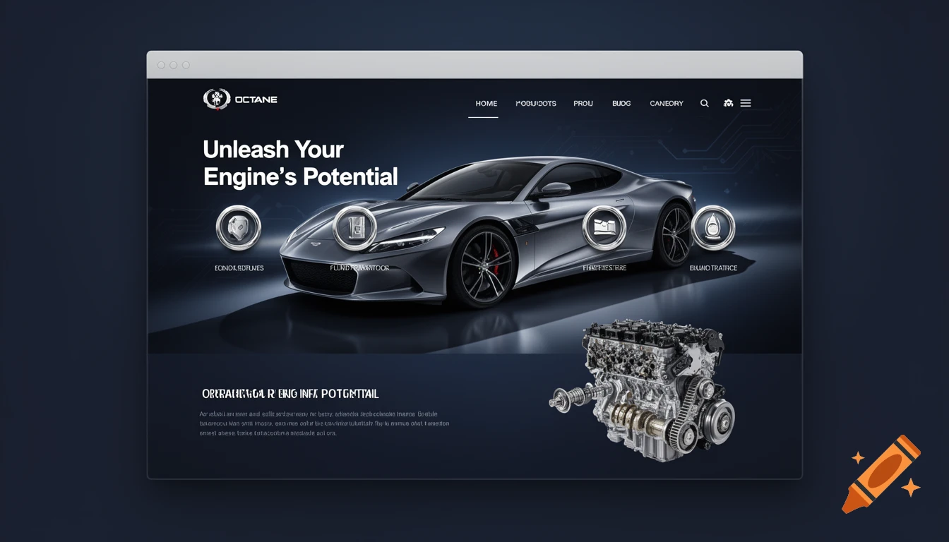 A clean website design for 'OCTANE' oil, featuring a sleek silver sports car, engine parts, and a headline 'Unleash Your Engine's Potential'.