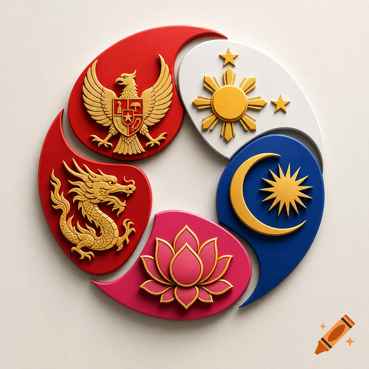 A 3D minimalist logo showing a circular arrangement of stylized national and cultural emblems, including a garuda, sun and stars, crescent moon and star, lotus flower, and a golden dragon.