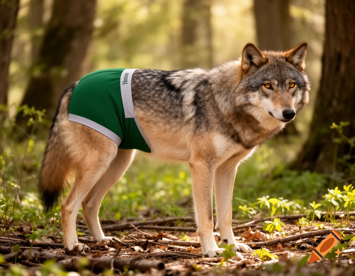 A majestic grey wolf wearing forest green boxers with a light grey waistband stands in a sunlit forest.