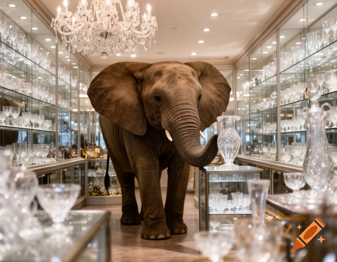 A large elephant stands in a luxurious crystal shop, extending its trunk towards a crystal vase on a display stand.