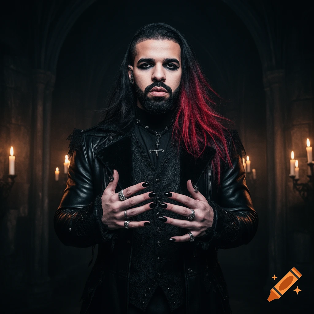 A man with black hair streaked with red, dark eye makeup, and a beard, dressed in gothic leather and lace, poses in a dimly lit, candlelit hall.