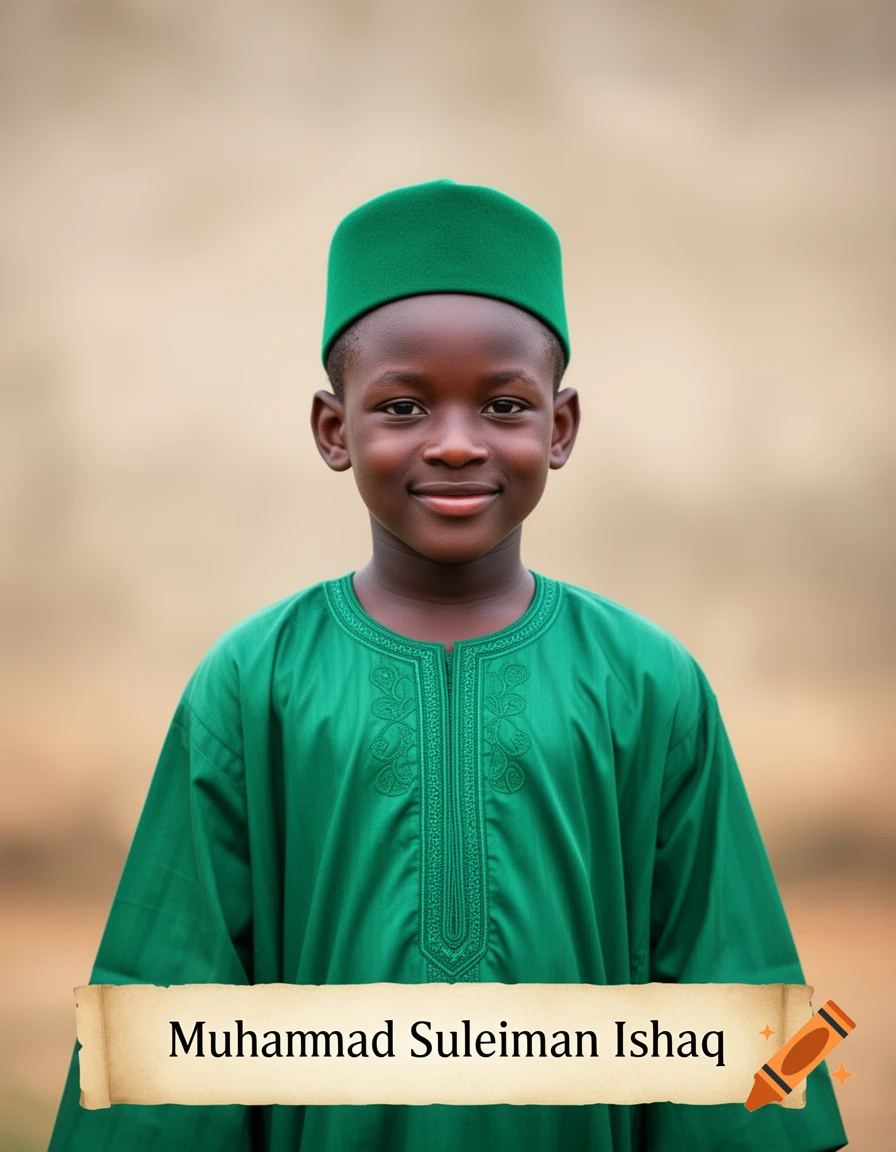 Young Nigerian boy in green kaftan and cap smiling, with 'Muhammad Suleiman Ishaq' written on a scroll.