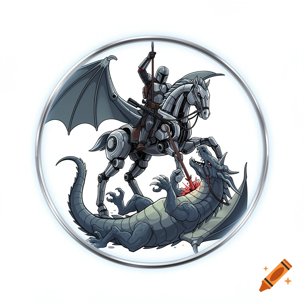 Flat drawing of a Mandalorian on a mechanical winged horse lancing a dragon in a circular frame.