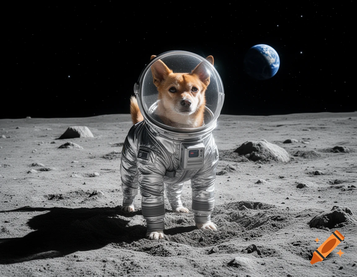 A small brown dog in a silver astronaut suit stands on the moon, with Earth and stars in the background.