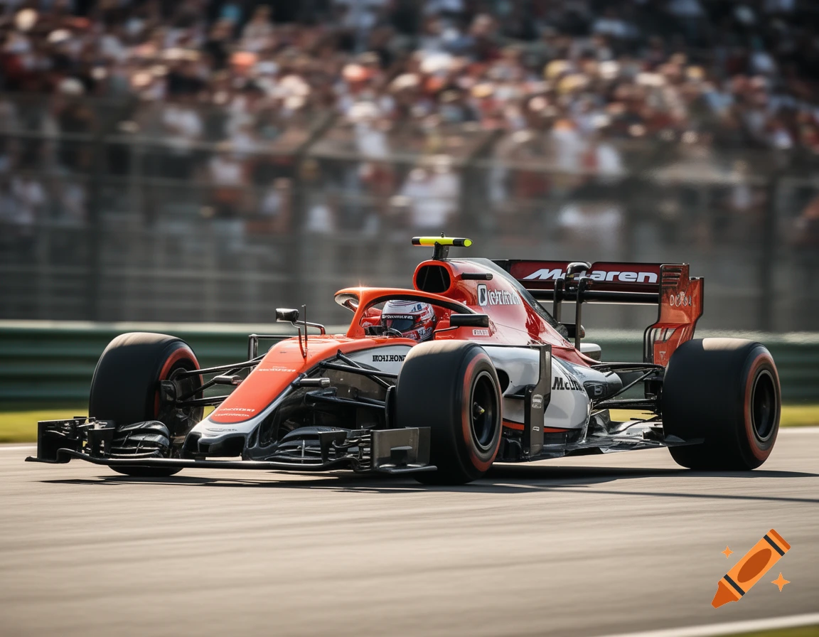 Photorealistic image of a red and white McLaren Honda F1 car on a race track with blurred spectators in the background.