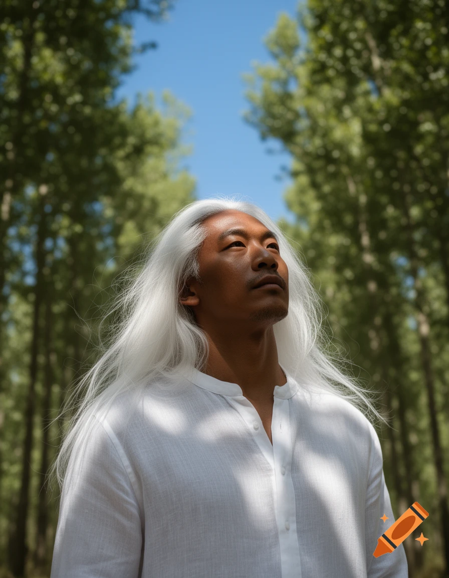 A man with long white hair and a white shirt looks up in a forest of tall green trees under a blue sky.