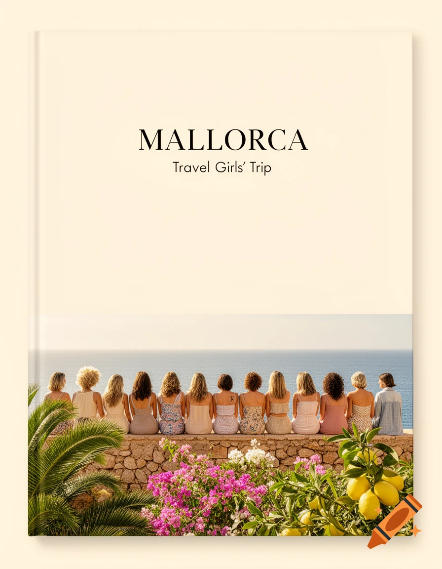 A travel book cover for 'MALLORCA Travel Girls' Trip' featuring twelve women sitting on a wall overlooking the sea, with Mediterranean plants.