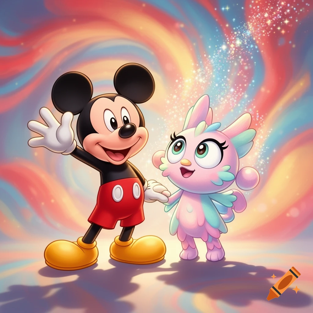Mickey Mouse waving with a smiling, pastel pink and blue feathered creature against a swirling, colorful, sparkling background.
