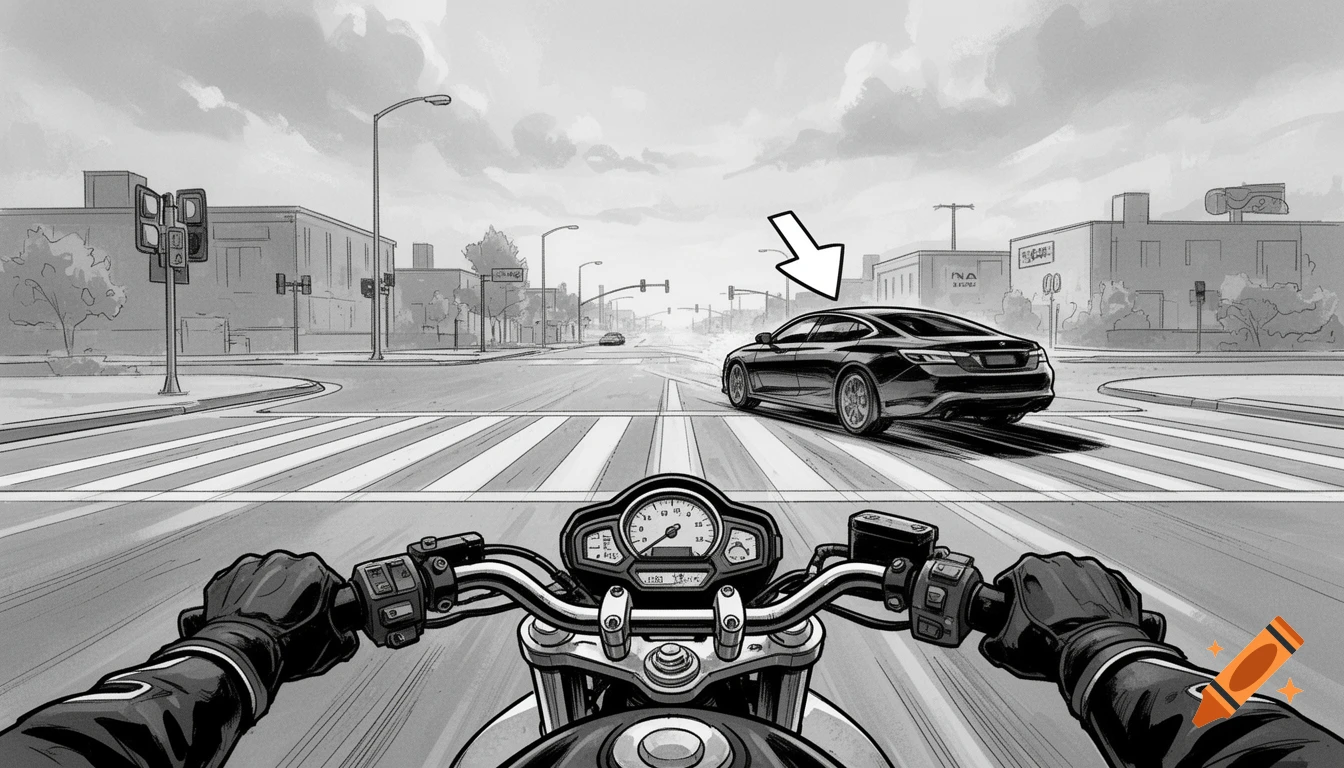 Black and white drawing from a motorcyclist's perspective at an intersection, with a car to the right and a white arrow pointing at it.