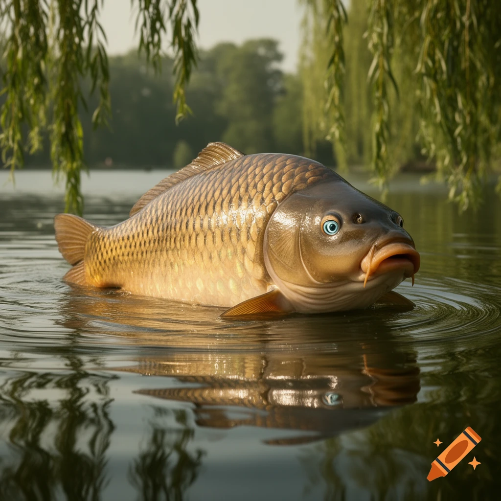 A carp fish with human-like blue eyes and lips emerges from a lake, with weeping willow branches overhead.