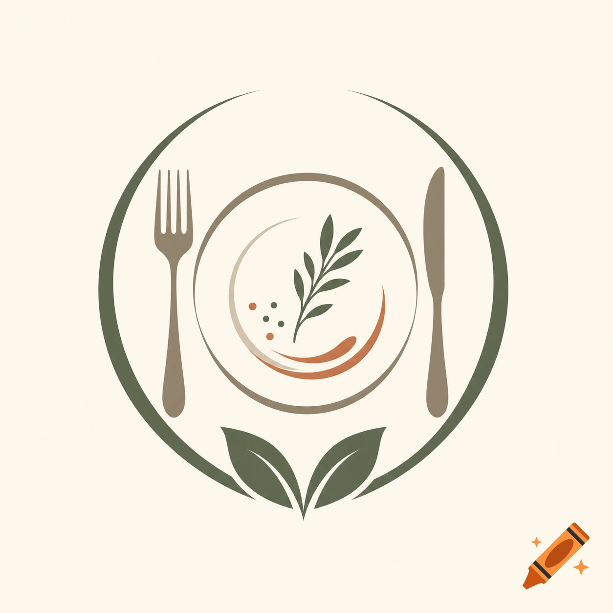 Minimalist restaurant logo with fork, knife, plate, green sprig, and leaves within a circular design.