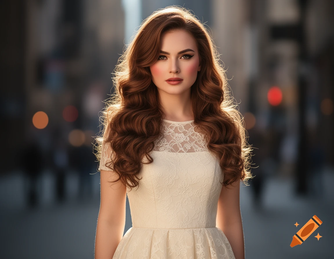 Photorealistic portrait of a woman with long wavy auburn hair in a white lace dress, standing outdoors with a blurred city background.