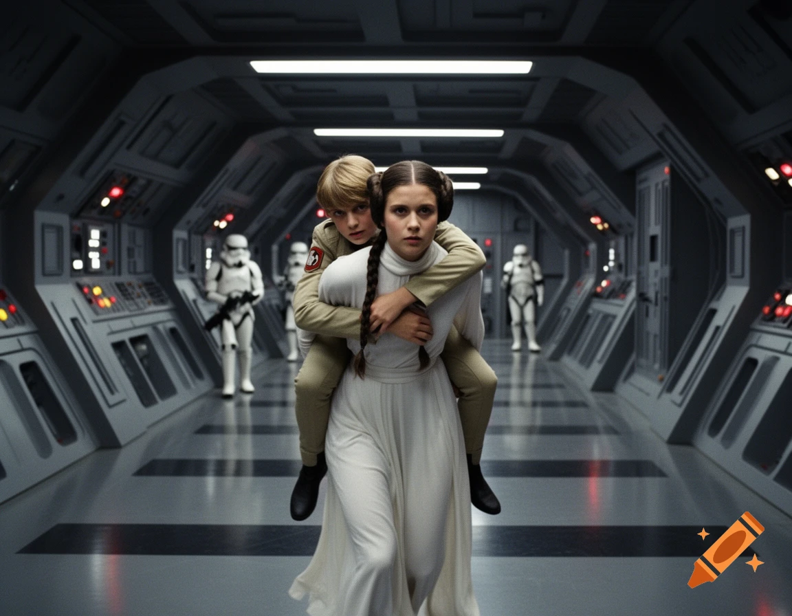 Princess Leia carries Luke Skywalker piggyback through a Death Star corridor, with stormtroopers in the background.