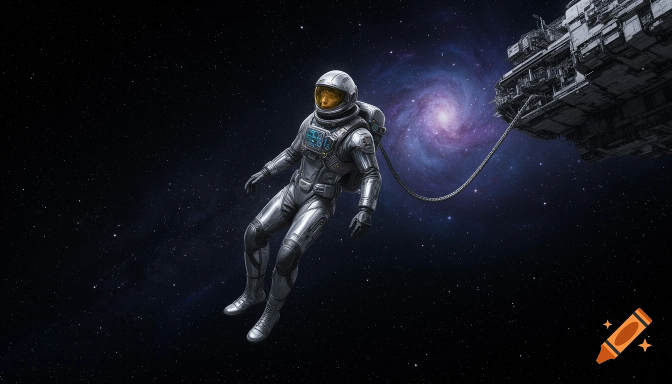 A solitary astronaut in a futuristic silver suit floats in deep space, tethered to a large, intricate spaceship, with a vibrant purple spiral galaxy in the background.