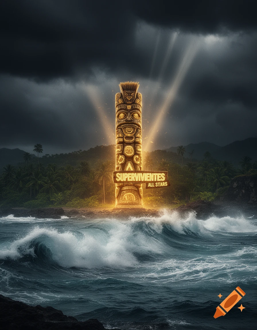 A glowing golden tribal totem on a tropical island with a stormy sky and rough sea. A sign reads 'SUPERVIVIENTES ALL STARS'.