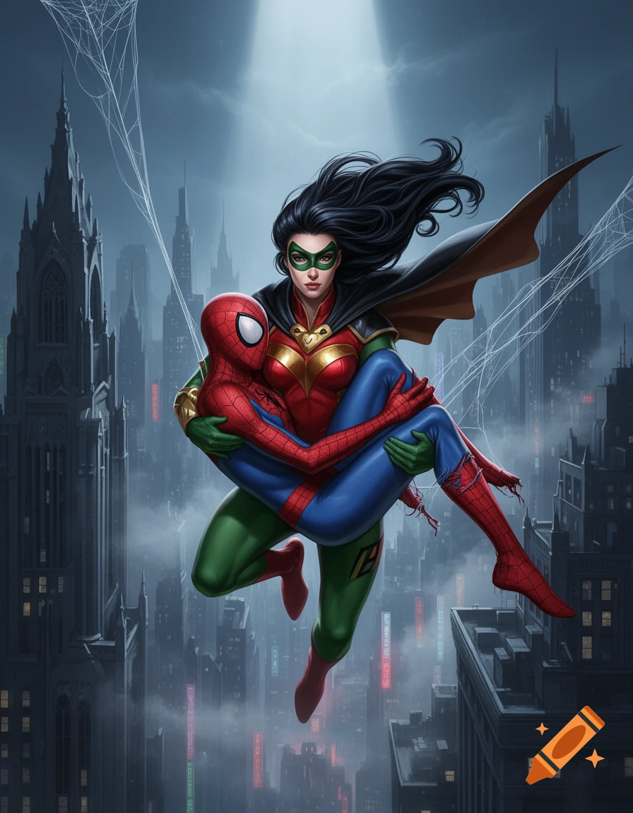 A female Robin in green and red carries Spider-Man in his blue and red suit over a misty, dark cityscape at night, in a comic book art style.