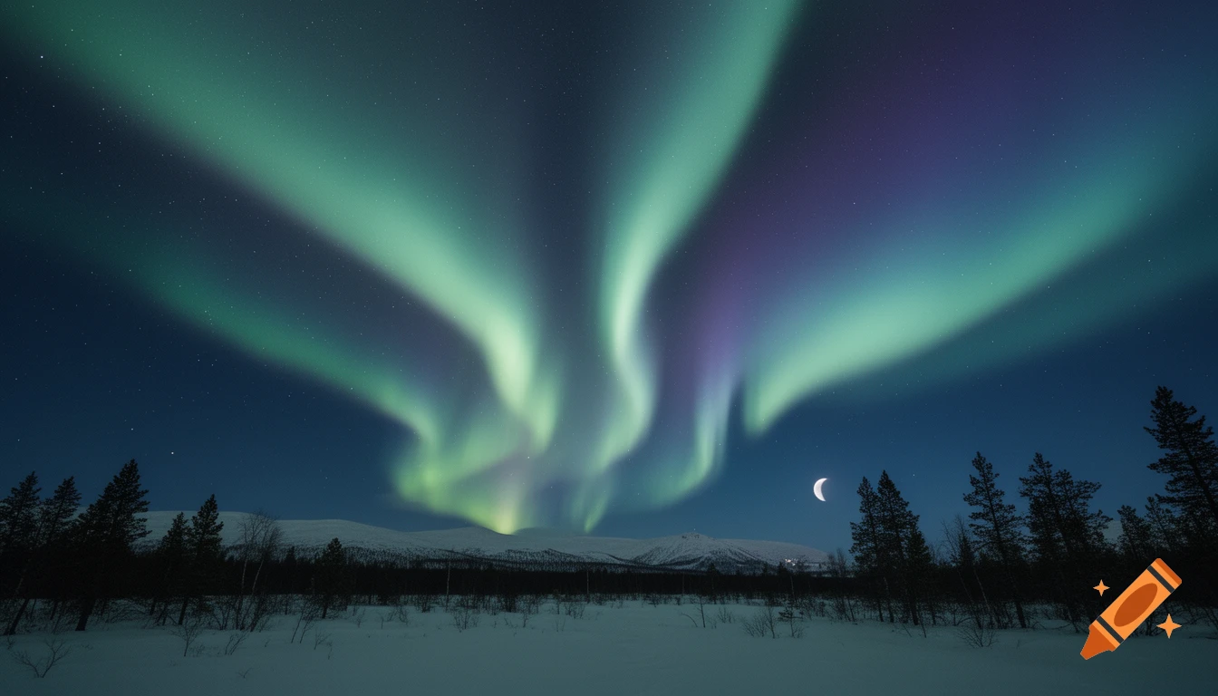 Green and purple aurora borealis illuminates a starry night sky over a snowy winter landscape with pine trees and mountains.
