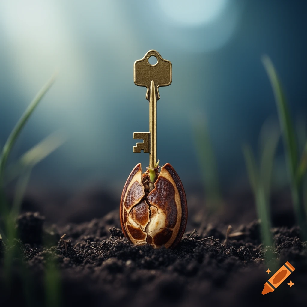 A golden key with a classic design sprouts from a cracked seed in dark soil, revealing a small green sprout against a blurred natural background.