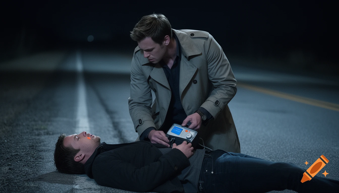 A man in a trench coat kneels over another man lying on a dark road, operating a medical device on his chest in a dramatic, urgent scene.