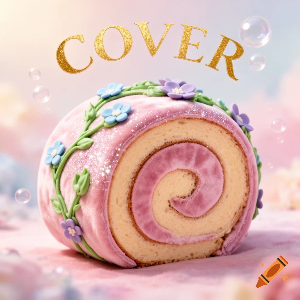 A pink roll cake decorated with blue and purple flowers, glitter, and golden text 'COVER', with bubbles on a pastel background.