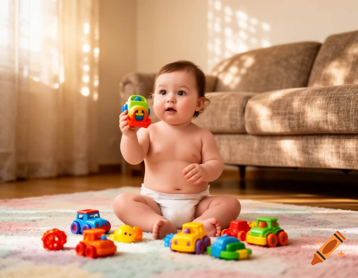A baby in a diaper sits on a rug, playing with colorful toy cars in a sunlit room.