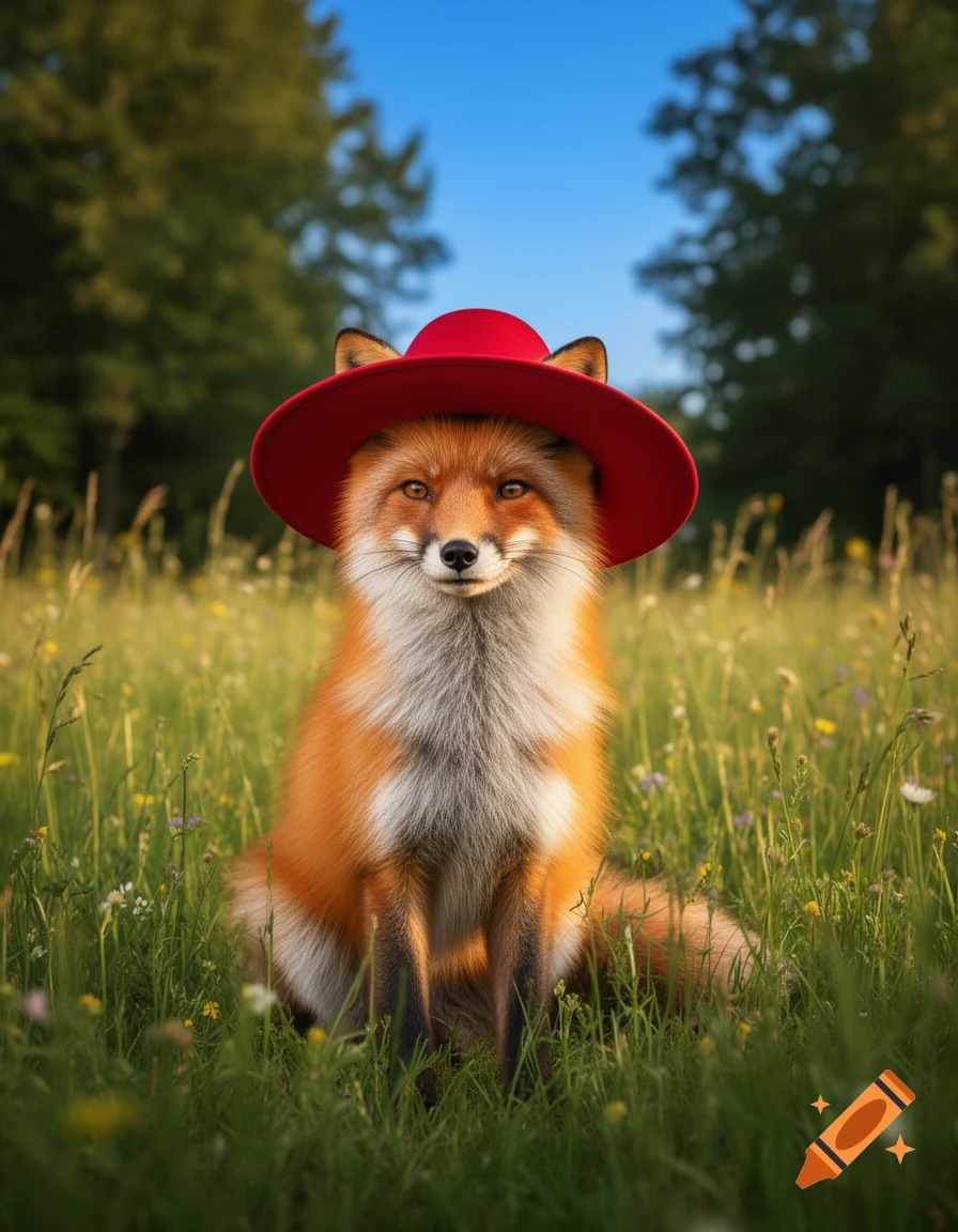 A photorealistic image of an adorable red fox wearing a wide-brimmed red hat, sitting in a sunny green field with wildflowers.