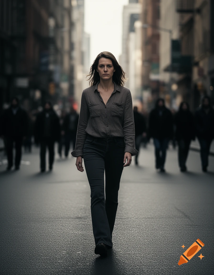 A determined woman in a grey shirt and dark pants walks down a dark, wet city street with blurred figures in the background.