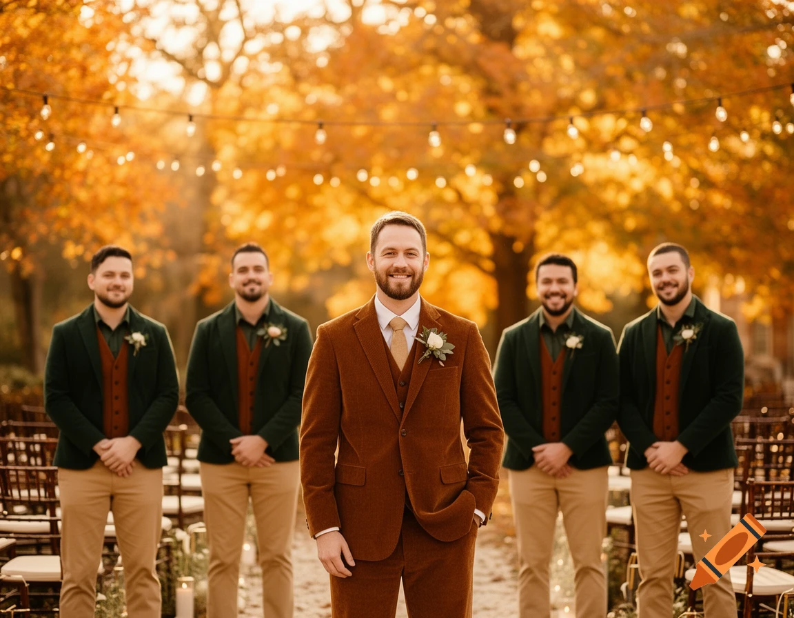 Groom in a brown corduroy suit with groomsmen in dark green jackets and tan pants at an outdoor autumn wedding.