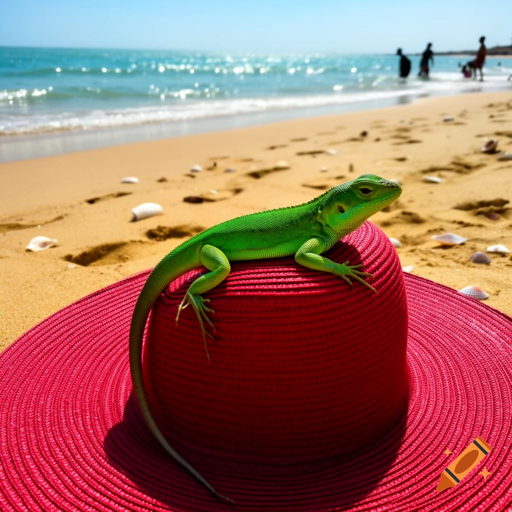 A vibrant green lizard rests on a bright red sun hat on a sandy beach, with the blue ocean and distant people.