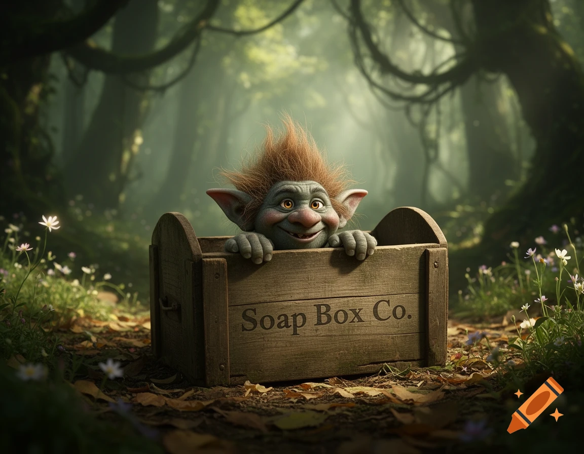 A friendly, shaggy-haired troll peeks from a 'Soap Box Co.' wooden crate amidst wildflowers in a misty forest.