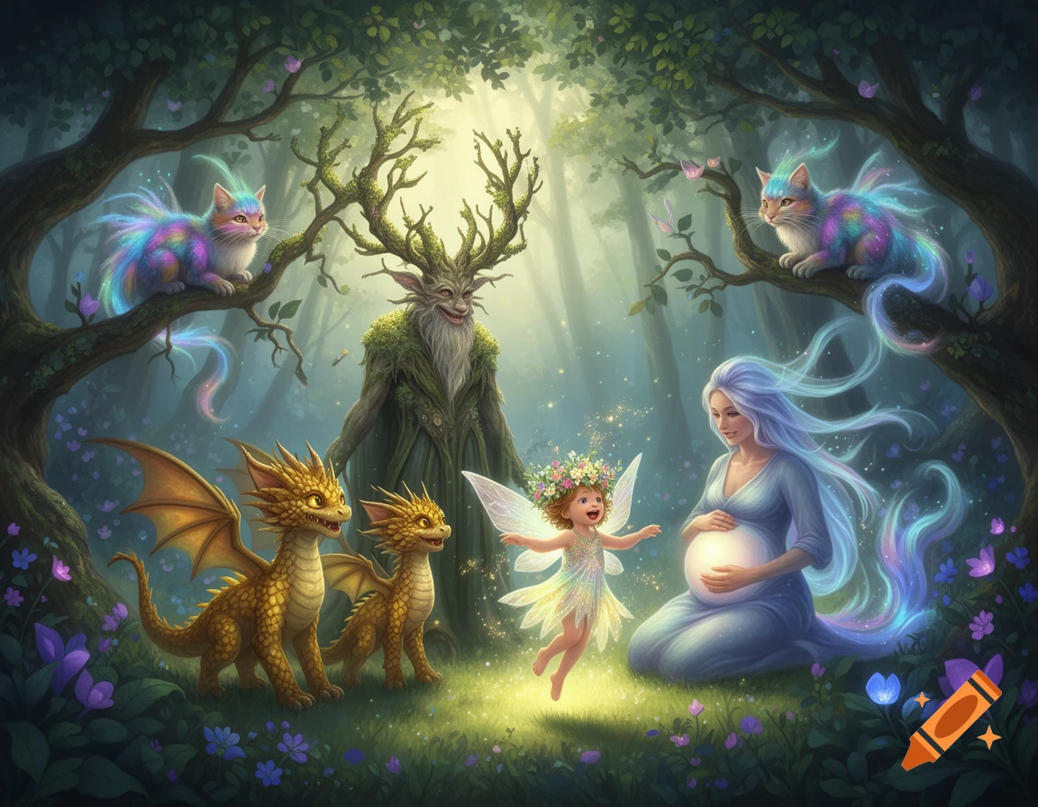 A magical forest scene with a tree-man, a glowing pregnant woman, a fairy child, two dragons, and two rainbow cats on branches.
