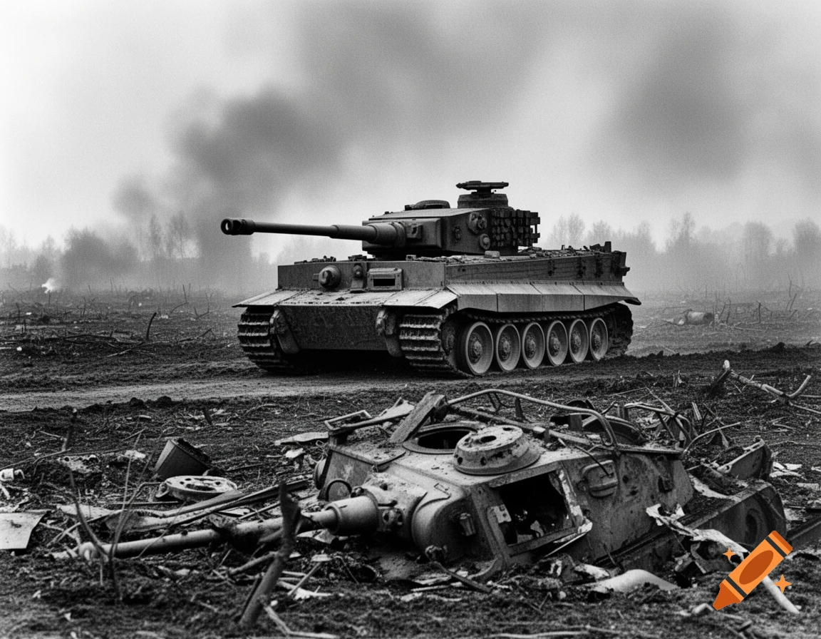 Black and white photorealistic image of a Tiger tank on a desolate battlefield with a destroyed tank in the foreground.